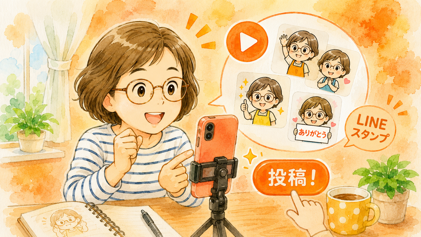 スマホで動画を撮影する５６歳女性とLINEスタンプのイラスト