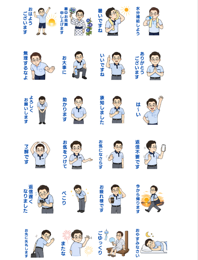 完成した50代男性【真夏】LINEスタンプ24個の一覧