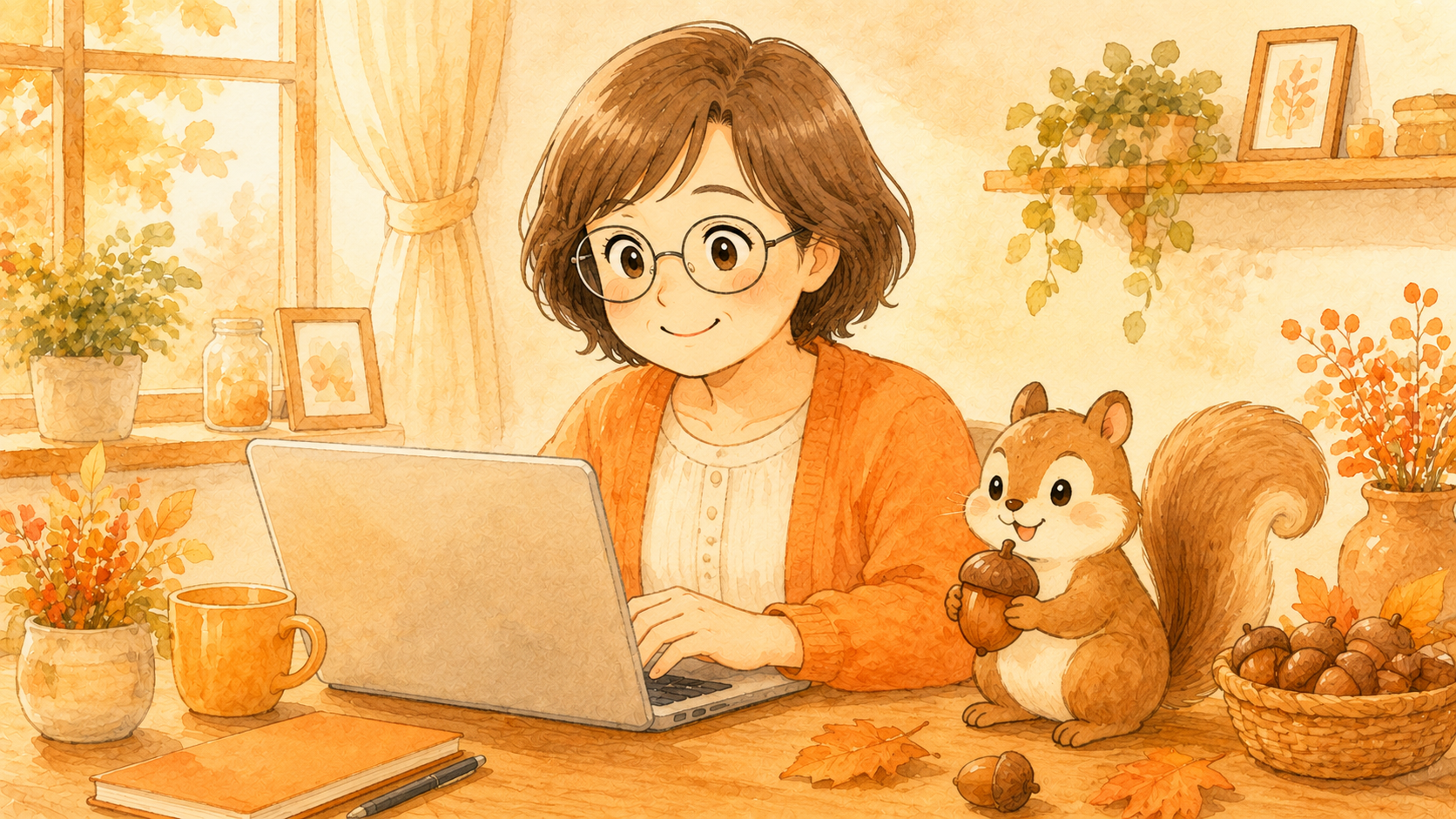 ノートパソコンでLINE絵文字を制作する50代女性と、どんぐりを持ったリスのイラスト