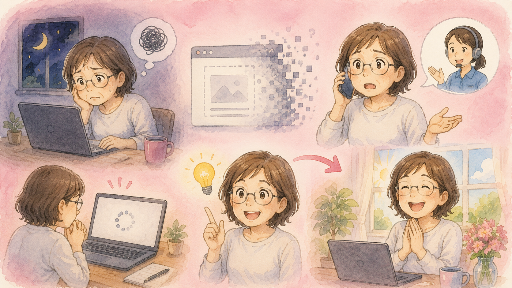 深夜にブログの異変に気づき、電話で問い合わせて解決するまでの様子を描いたイラスト