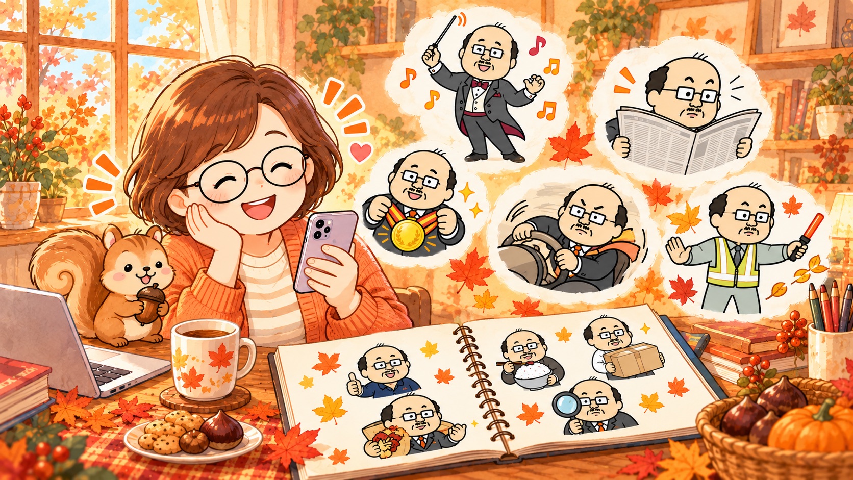 スマホを見て嬉しそうな笑顔の女性と、思い浮かぶおじさんキャラクターの様々なポーズ